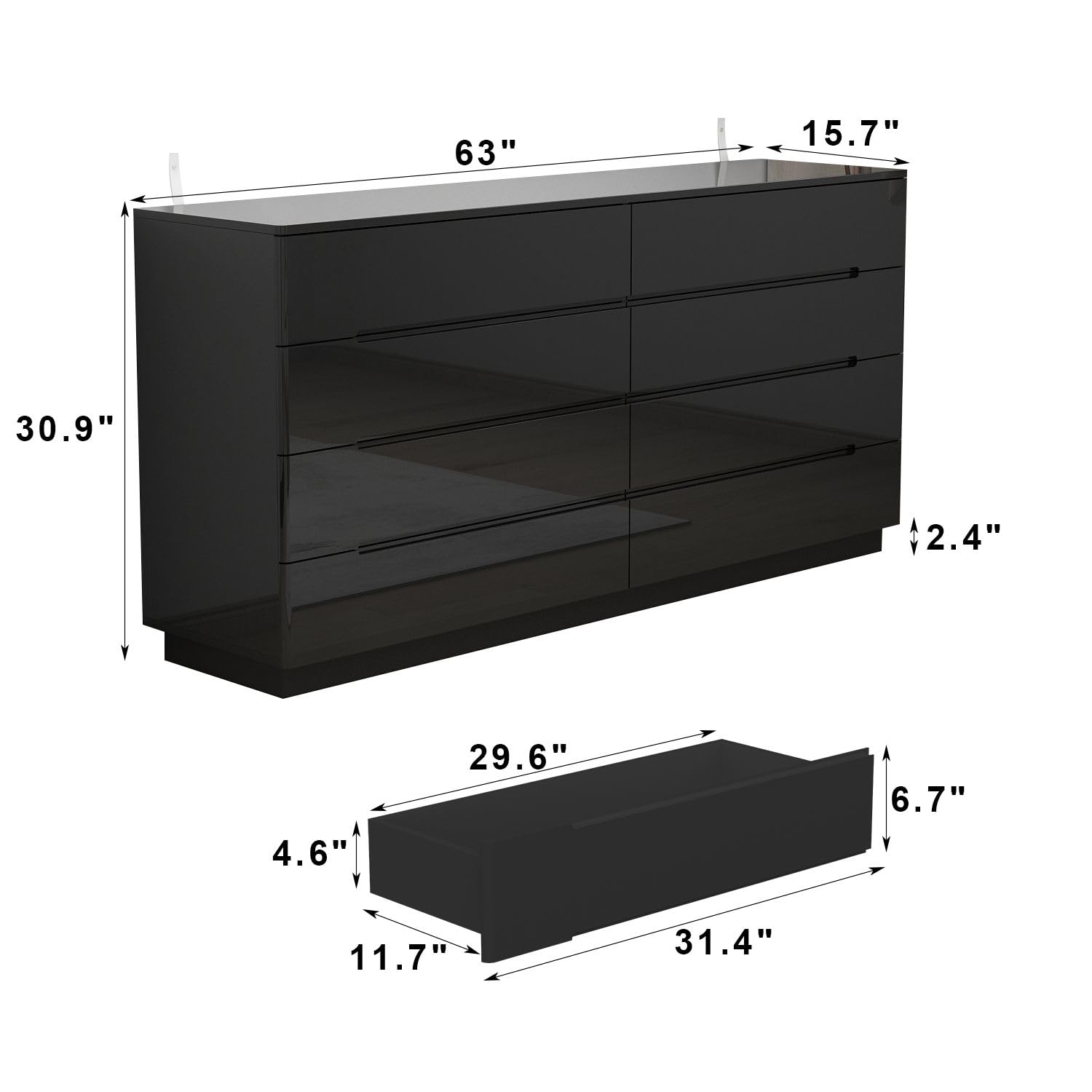 FAMAPY High Gloss Dresser with Lights, Modern Glossy Dresser with Curved Edge, Chest of Drawers 8 Drawer Dresser, Contemporary Dresser for Bedroom Black (63”W x 15.7”D x 30.9”H)