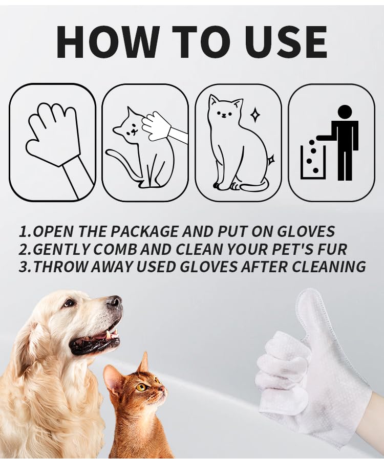 Pet Glove Wipe, Cleaning Glove for Dog and Cat, Fur Face, Ear, Eye, Paws Cleaning Wipes, Pet Wash Free Gloves, Cleaning Grooming Wipes for Daily Care and Traveling, No Rinse, Gentle, Thickened, 6PCS