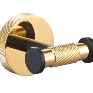 SENMY Designer Luxury Shiny Gold Knurled Matte Black PVD Finish, Solid Brass Construction, Double Towel Hook, Rustproof, Heavy Duty Door Hanger Robe Closet Corrosion-Proof Wall Mount Bathroom Kitchen