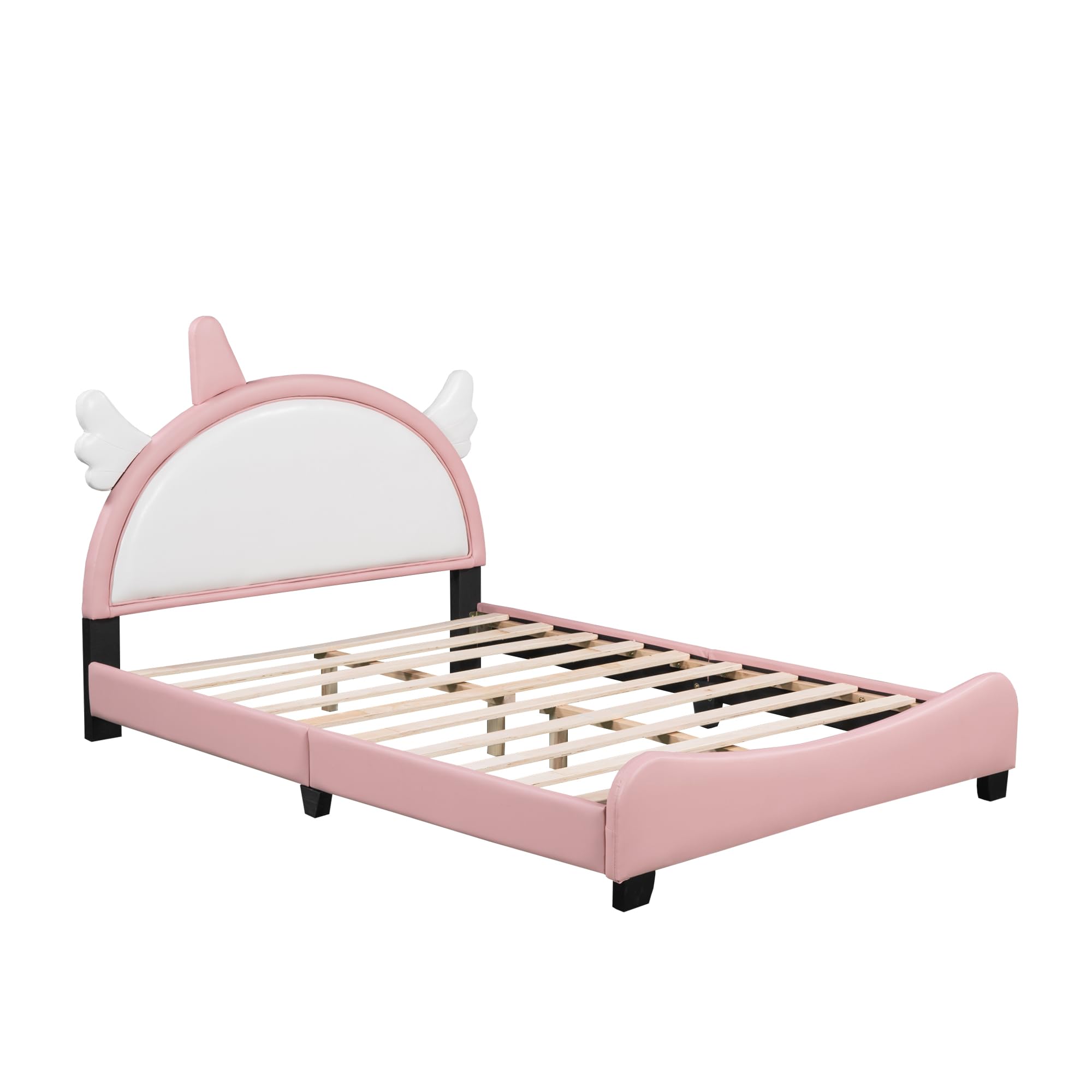 Bellemave Full Size Princess Bed Frame with Unicorn Shape Headboard,PU Upholstered Princess Full Bed for Girls,Kids Full Platform Bed(Full,Pink)