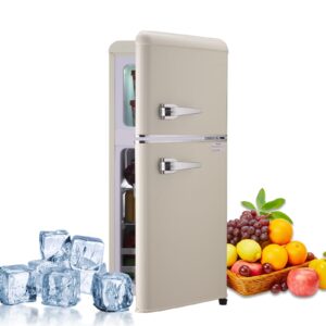 Kazigak 3.5 Cu Ft Mini Refrigerator, Compact Refrigerator with Freezer, Double Door, 7 Level Adjustable Thermostat, Cream for Home, Office, Dorm