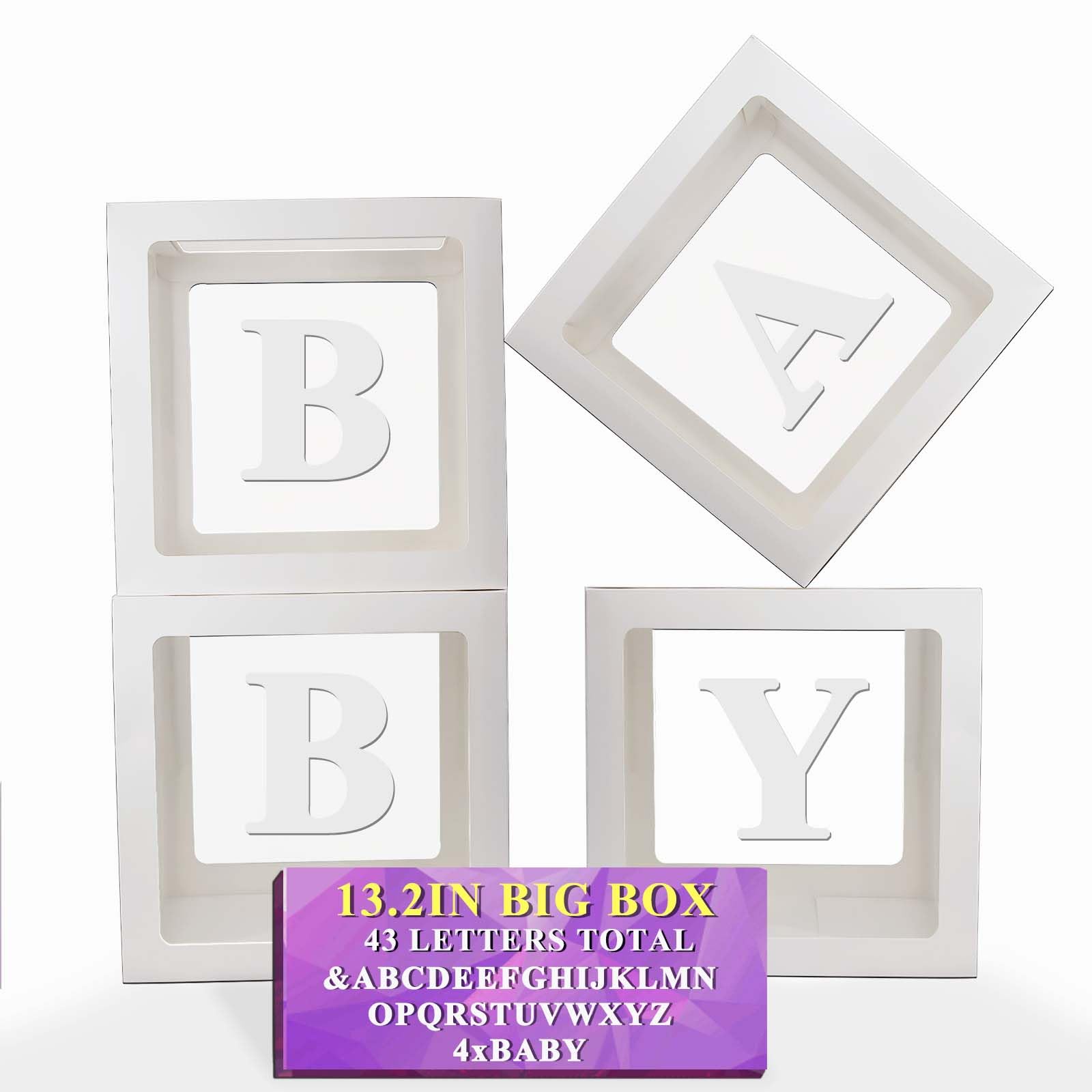 Ledido Baby Boxes with Letters, 13.2" Clear Balloon Boxes for Baby Shower, Large White Transparent Block Baby Letter Box for Birthday Bridal Wedding Graduation Prom Party Gender Reveal Decor, 4 PCS