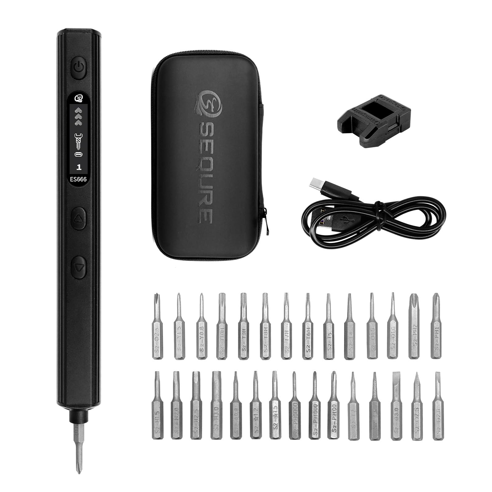 SEQURE ES666 Electric Screwdriver Set Cordless Rechargeable Screwdriver Auto/Sensor/Fixed Mode Precision Power Screwdriver with 30 Magnetic Bits 7 Torque Gears Max 2.2N.m Repair Tool for Electronics