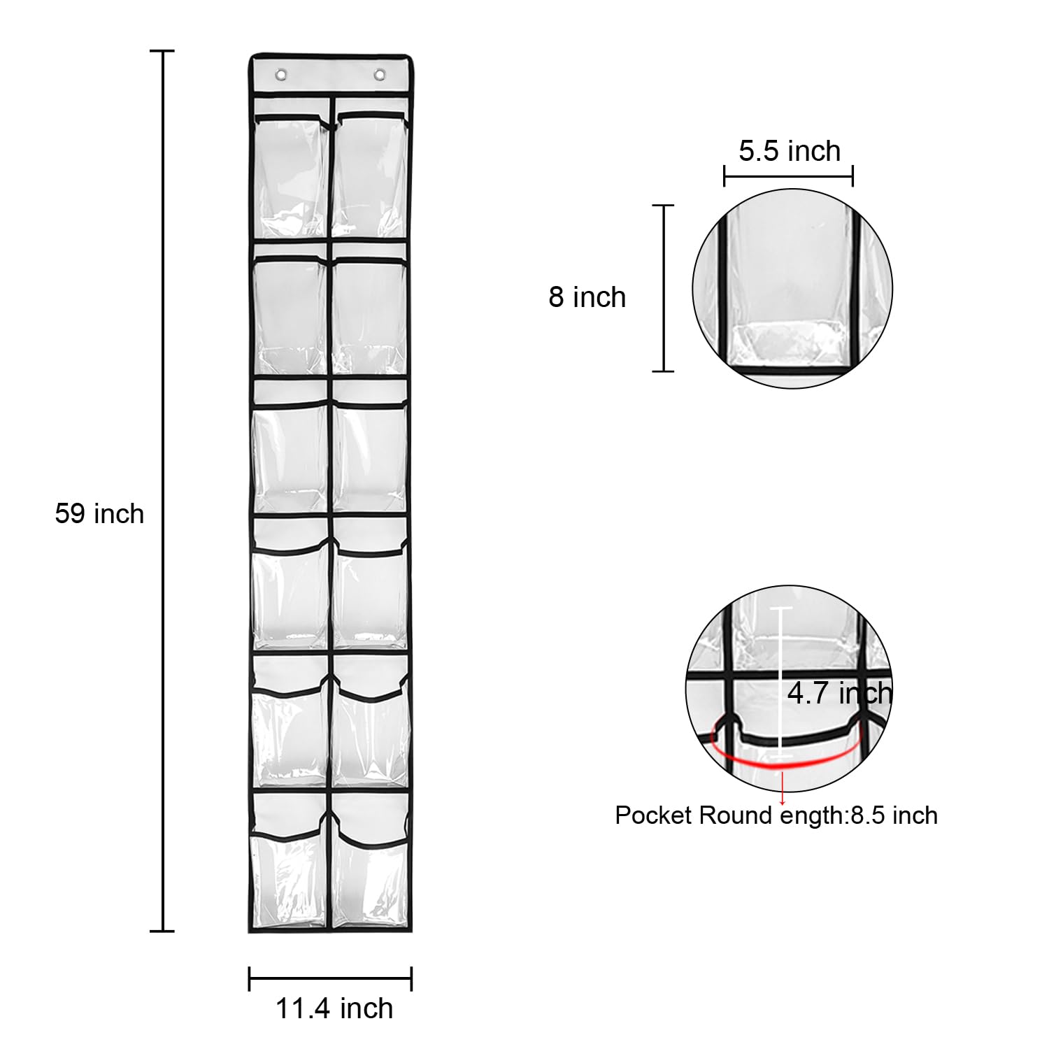 TidyMaster 1 Pack 12 Clear Crystal Pockets Large Hanging Shoe Organizer Over The Door Shoe Rack for Closet Door Storage Shoe Holder Hanger, 2 Hooks, White (59'' x 11.4'')