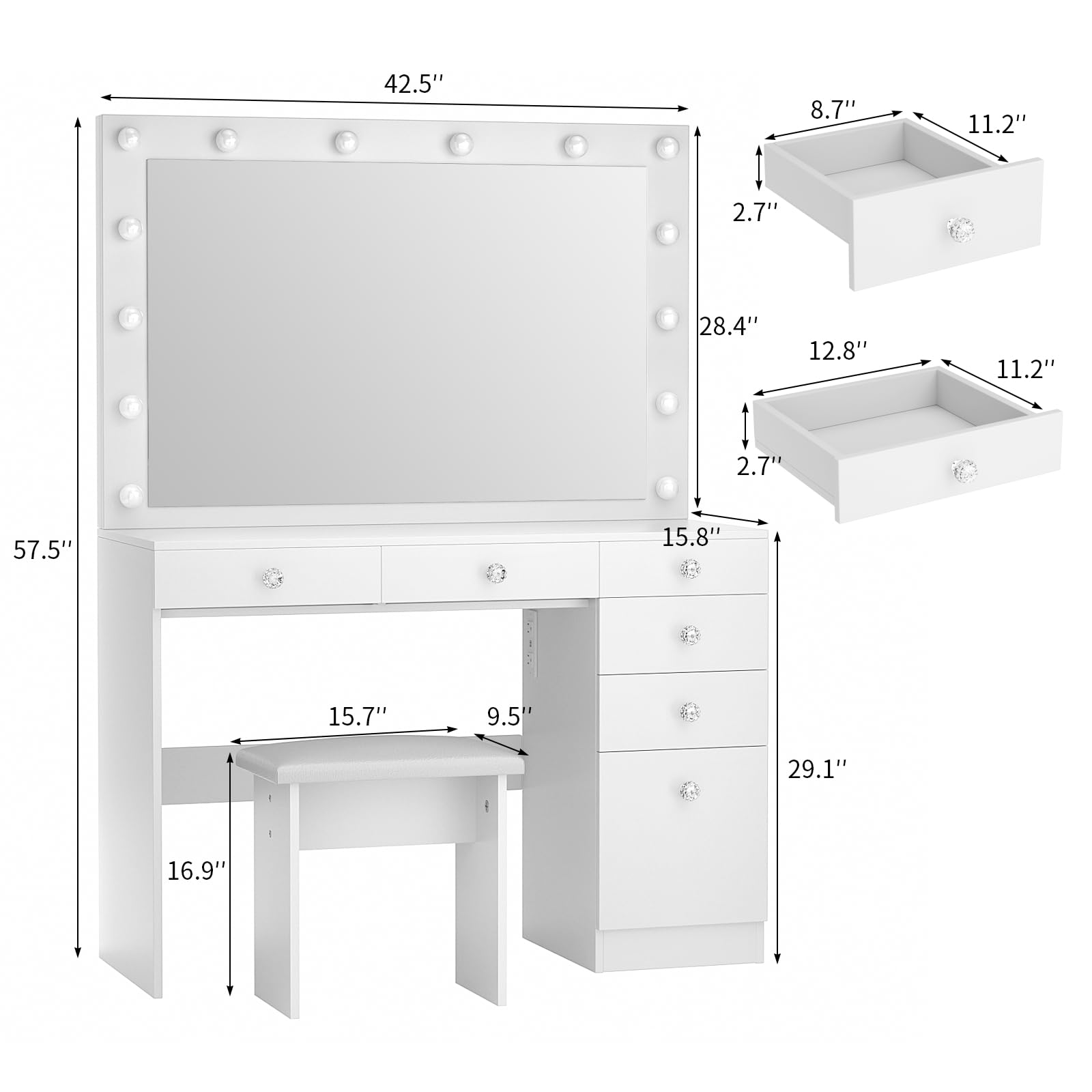 VOWNER Vanity with Lights - 43" Makeup Vanity Desk with Power Outlet, 5 Drawers and 1 Cabinet, 3 Color Lighting Modes with Adjustable Brightness,Makeup Desk with Stool for Women Girls, White