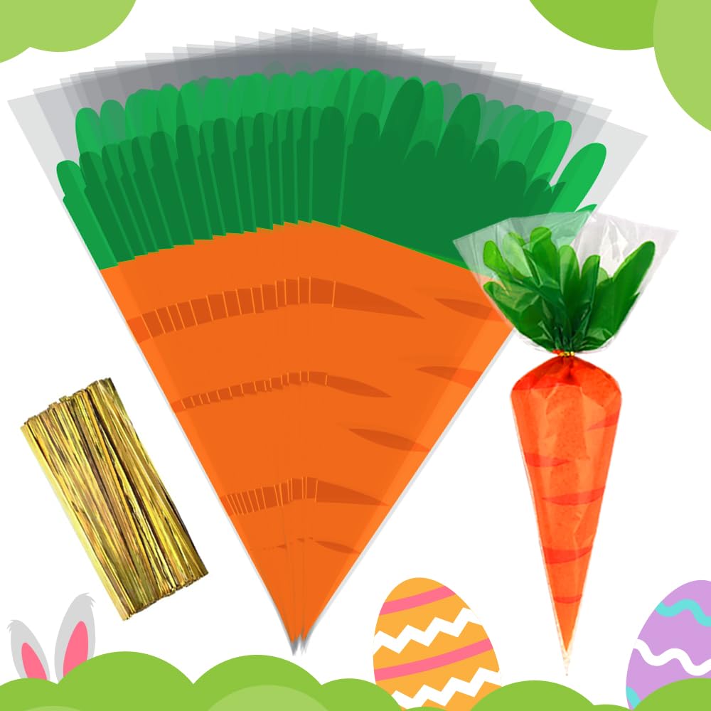 Threetols 100pcs Easter Carrot Cone Cellophane Bags, Creative Carrot Shape Treat Bags Easter Candy Bags Triangle Cello Bags Orange Carrot Bags with Twist Ties for Easter Party Favor