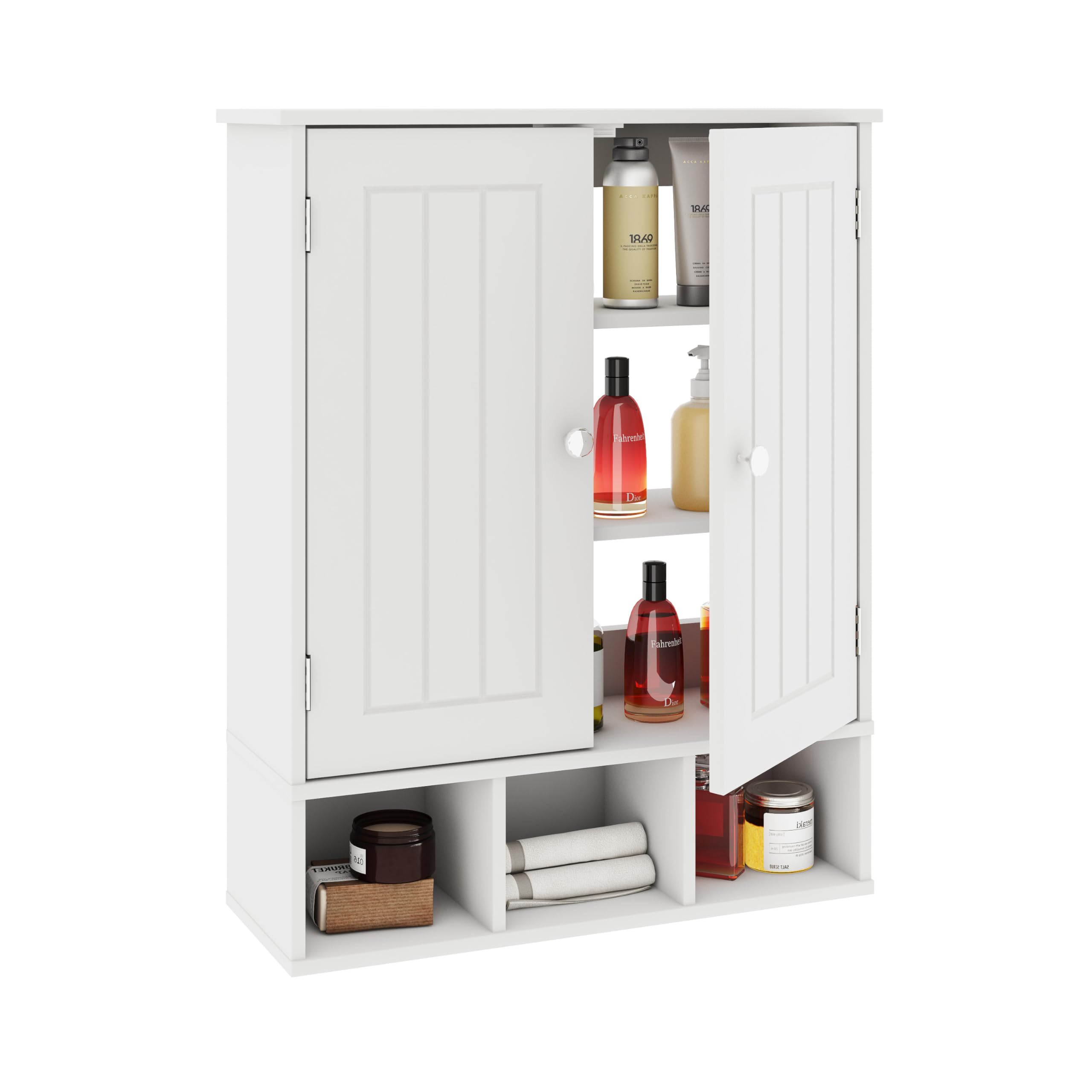 Bathroom Medicine Cabinet 2 Doors with 3 Open Shelves, Over The Toilet Storage Wall Mounted Medicine Cabinet with Adjustable Partitions，Home Bathroom Cabinet for Bathroom,Living Room,Kitchen,White