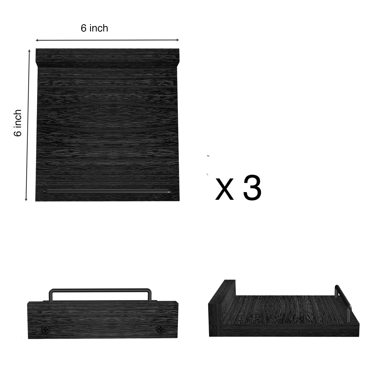 RYOFOBETTO Small Floating Shelf, 6 X 6 Inches Farmhouse Wall Shelves for Living Room, Bedroom, Picture Frames, Plants, Kitchen, Set of 3 (Black)