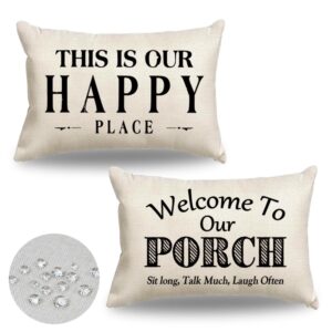 jojogogo welcome to our porch outdoor lumbar pillow covers waterproof 12x20 set of 2, decorative outdoor lumbar pillows 12 x 20, front porch decor patio furniture pillows (this is our happy place)