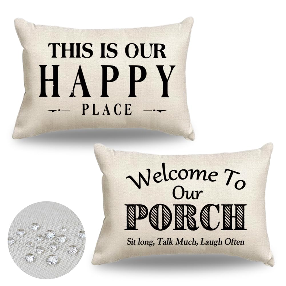 JOJOGOGO Welcome to Our Porch Outdoor Lumbar Pillow Covers Waterproof 12x20 Set of 2, Decorative Outdoor Lumbar Pillows 12 x 20, Front Porch Decor Patio Furniture Pillows (This is Our Happy Place)