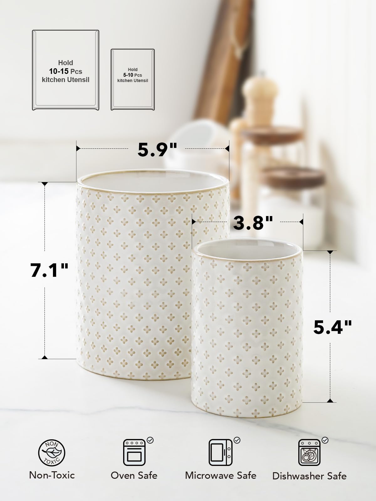 LE TAUCI Utensil Holder, 7.1"+5.4" Ceramic Kitchen Utensil Holder for Counter top, Embossed Cooking Utensil Organizer for Spatula & Spoon, Kitchen Decor, Set of 2, Arctic White, Clover