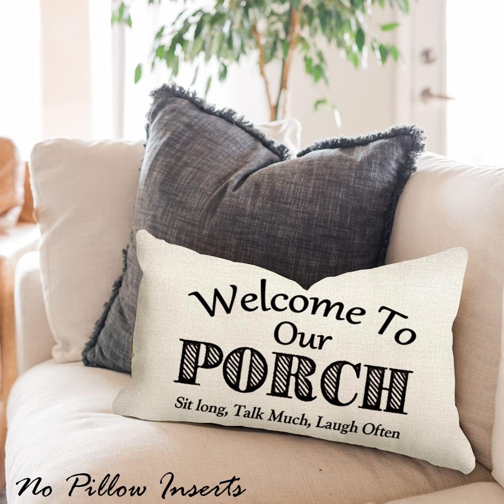 JOJOGOGO Welcome to Our Porch Outdoor Lumbar Pillow Covers Waterproof 12x20 Set of 2, Decorative Outdoor Lumbar Pillows 12 x 20, Front Porch Decor Patio Furniture Pillows (This is Our Happy Place)