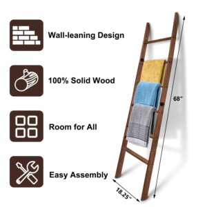 Blanket Ladder for Living Room and Bedroom,6-Tier Decorative Display Ladder Shelf,Ladder Rack for Storage and Decor,Wall Leaning Farmhouse Blanket Storage,Towel Rack, Bathroom,Brown