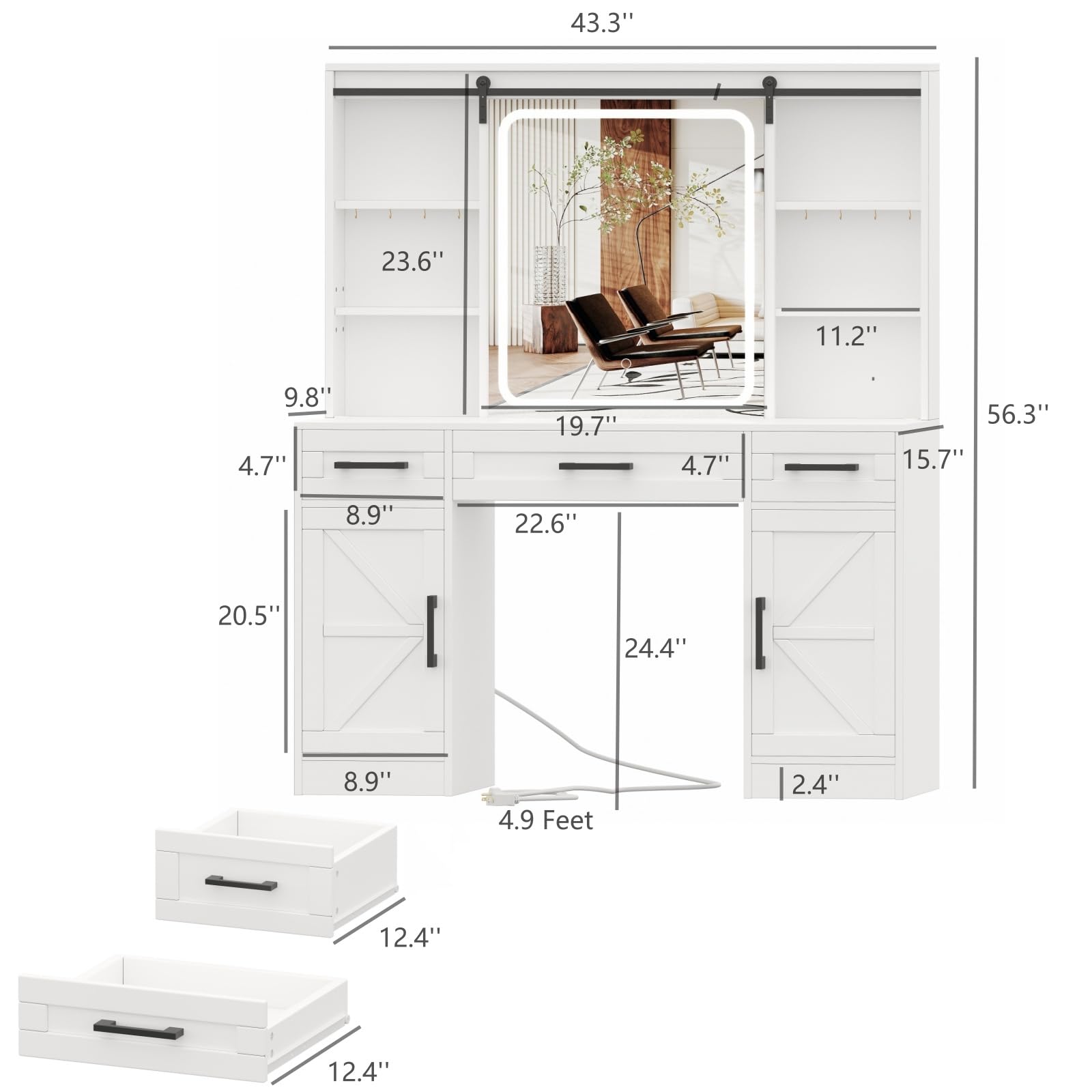 Irontar Farmhouse Makeup Vanity Desk with Sliding Mirror & Charging Station, Vanity Table with Lights & Hidden Storage Shelves, Makeup Desk with 3 Drawers and 2 Cabinets, White WDT009W