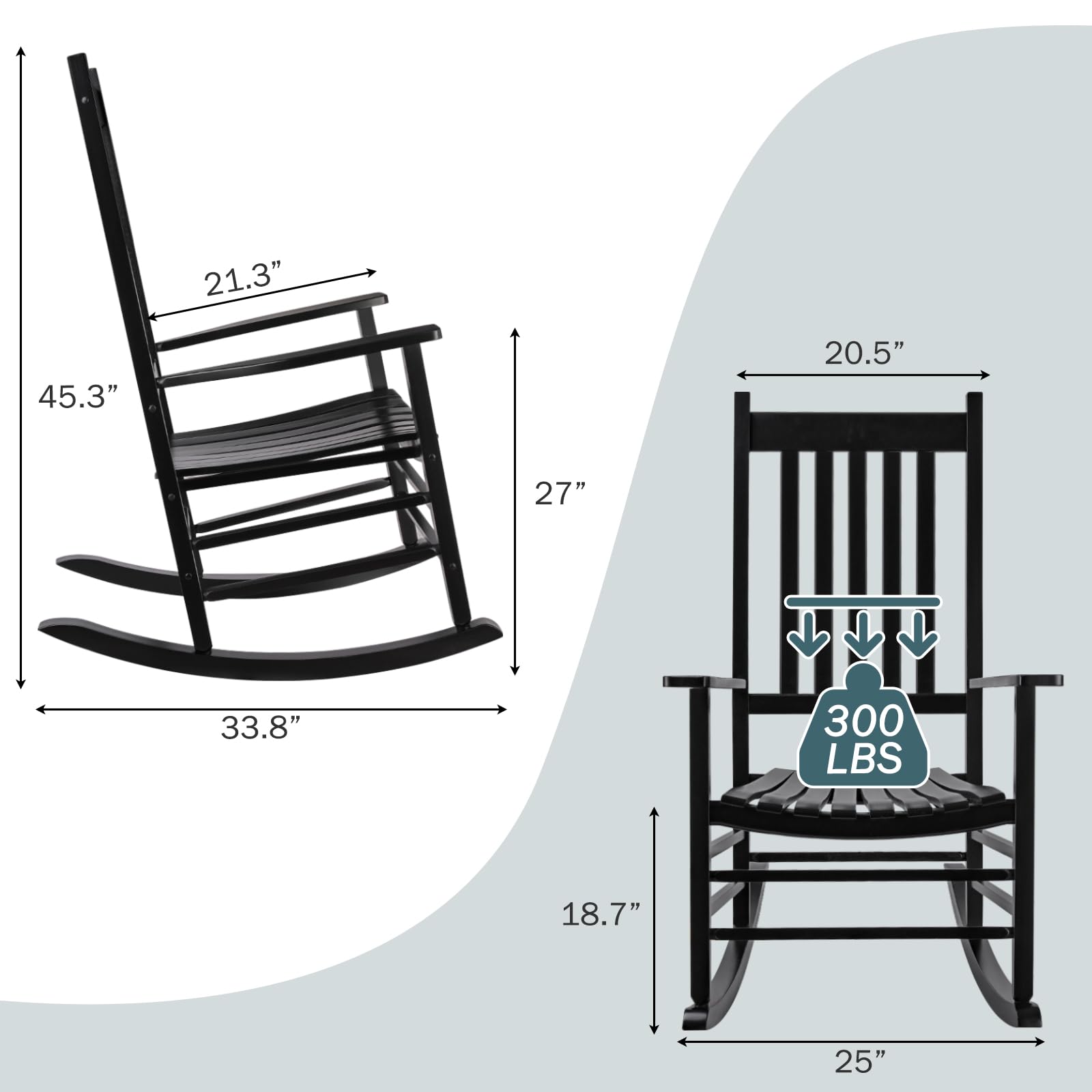 TLGREEN Outdoor Rocking Chair, Solid Wood Oversized Rocking Chair Outdoor with Wide Seat，All Weather Porch Patio Wooden Rocking Chair, Easy to Assemble for Indoor,Outdoor （Black）