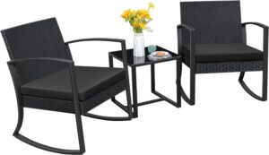 homall patio furniture set 3 piece resin outdoor bistro set rocking patio chairs with cushions and table for porch, poolside, balcony and yard (black)