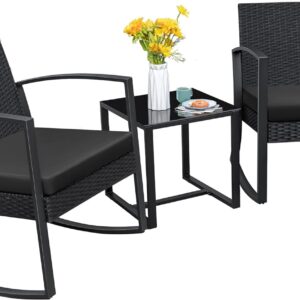 Homall Patio Furniture Set 3 Piece Resin Outdoor Bistro Set Rocking Patio Chairs with Cushions and Table for Porch, Poolside, Balcony and Yard (Black)