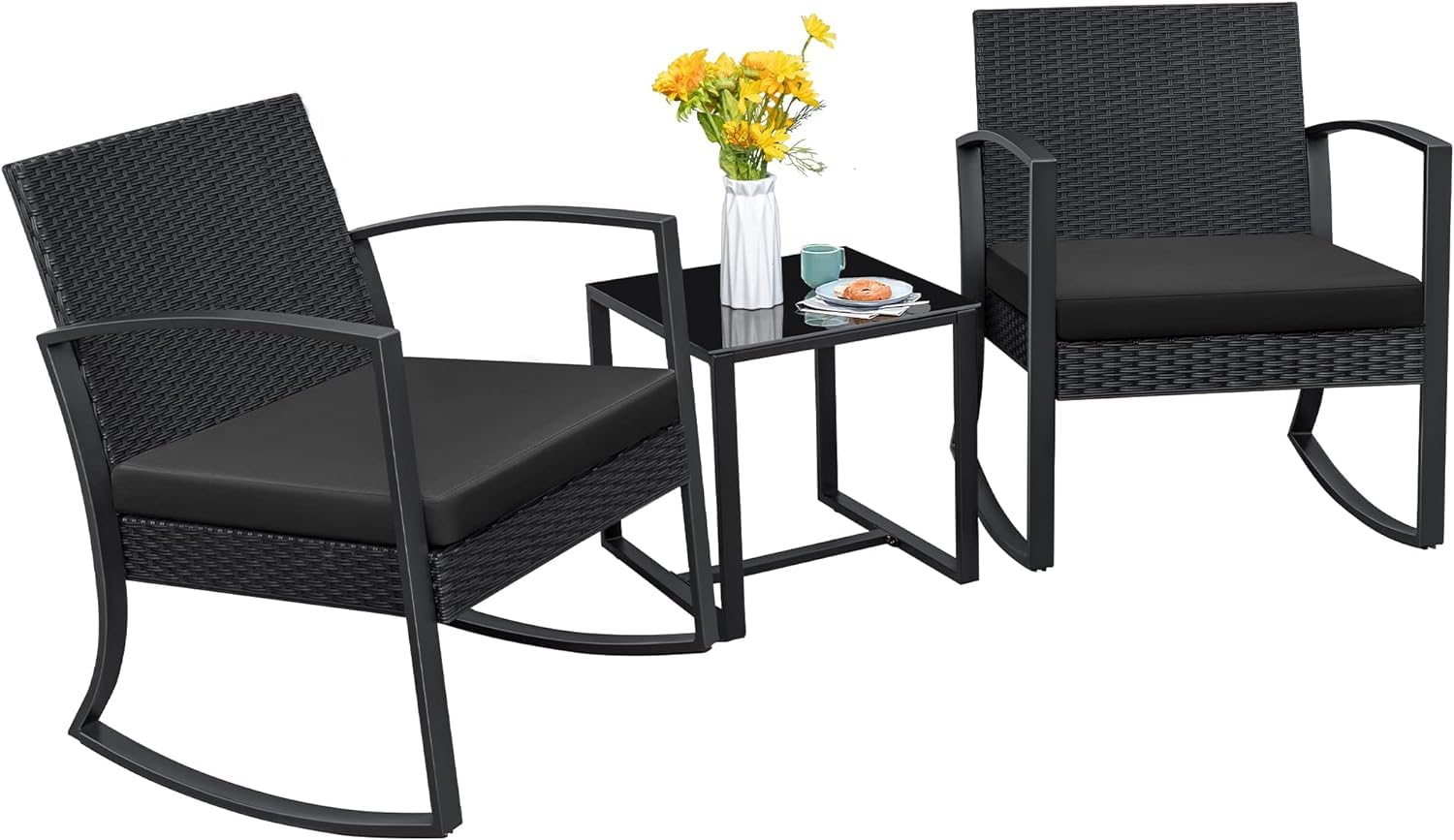 Homall Patio Furniture Set 3 Piece Resin Outdoor Bistro Set Rocking Patio Chairs with Cushions and Table for Porch, Poolside, Balcony and Yard (Black)