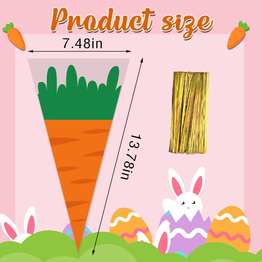 Threetols 100pcs Easter Carrot Cone Cellophane Bags, Creative Carrot Shape Treat Bags Easter Candy Bags Triangle Cello Bags Orange Carrot Bags with Twist Ties for Easter Party Favor