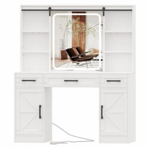 Irontar Farmhouse Makeup Vanity Desk with Sliding Mirror & Charging Station, Vanity Table with Lights & Hidden Storage Shelves, Makeup Desk with 3 Drawers and 2 Cabinets, White WDT009W