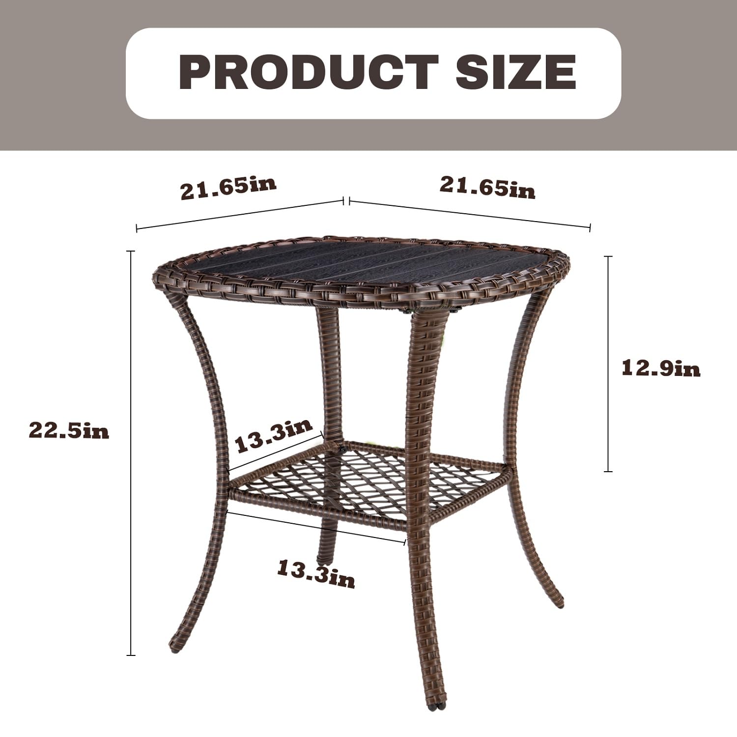 Outdoor Side Table Patio Wicker Coffee Table Outdoor End Table Rattan Bistro Table with Storage & Poly Lumber Table Top Square for Outside Balcony Porch Backyard Deck Brown