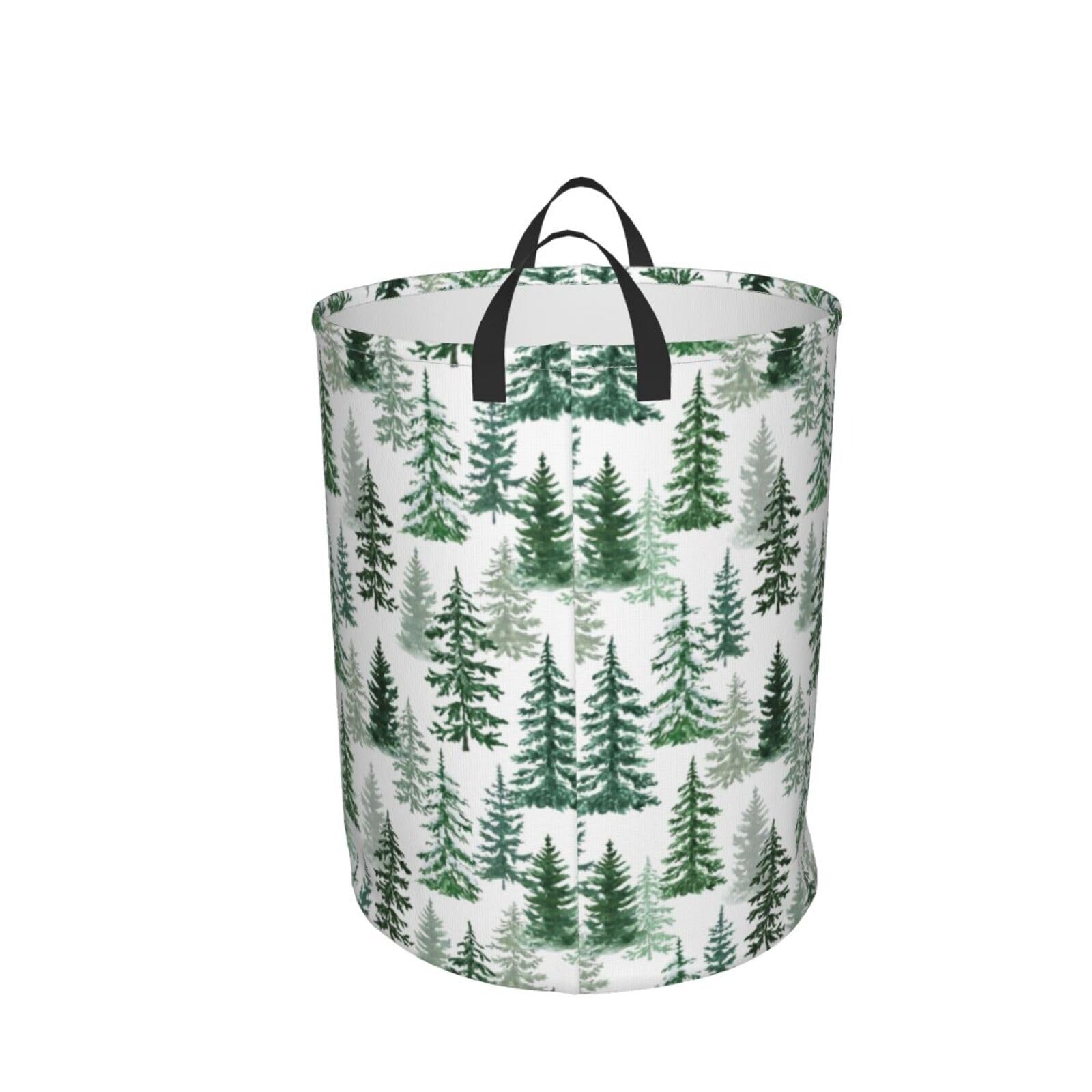 Delerain Pine and Spruce Trees Laundry Basket, Waterproof Laundry Hamper with Handles, Collapsible Toy Bins Dirty Clothes Round Storage Basket for Home Bathroom Office Nursery, 19.6X15.7(M)