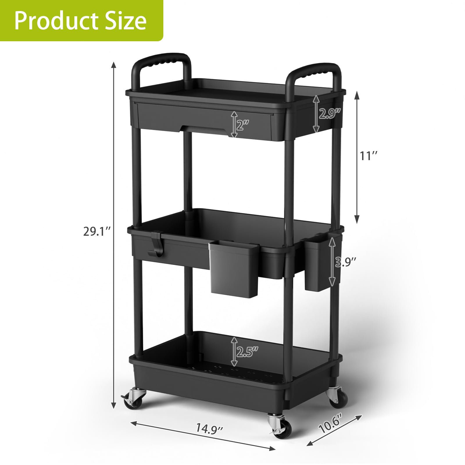 SORGION 3 Tier Rolling Cart Organizer,Laundry Room Bathroom Organizers and Storage Office Shelves Mobile Shelving Unit Kitchen Trolley Cart with Wheels for Art,Craft,Diaper,Bedside,Snack(Black)