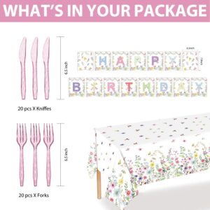 122PCS Wildflower Baby Shower Party Supplies for Girls First Birthday Spring Floral Wedding Party Decorations Disposable Plates Napkin Cups Tablecloth Banner Tableware Set for 20 Guests