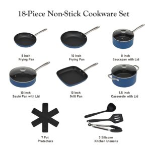 HAFMOOBEY Pots and Pans Set Nonstick, 18PCS Blue and Black Induction Cookware Sets with Frying Pans, Saucepan & Cooking Pots