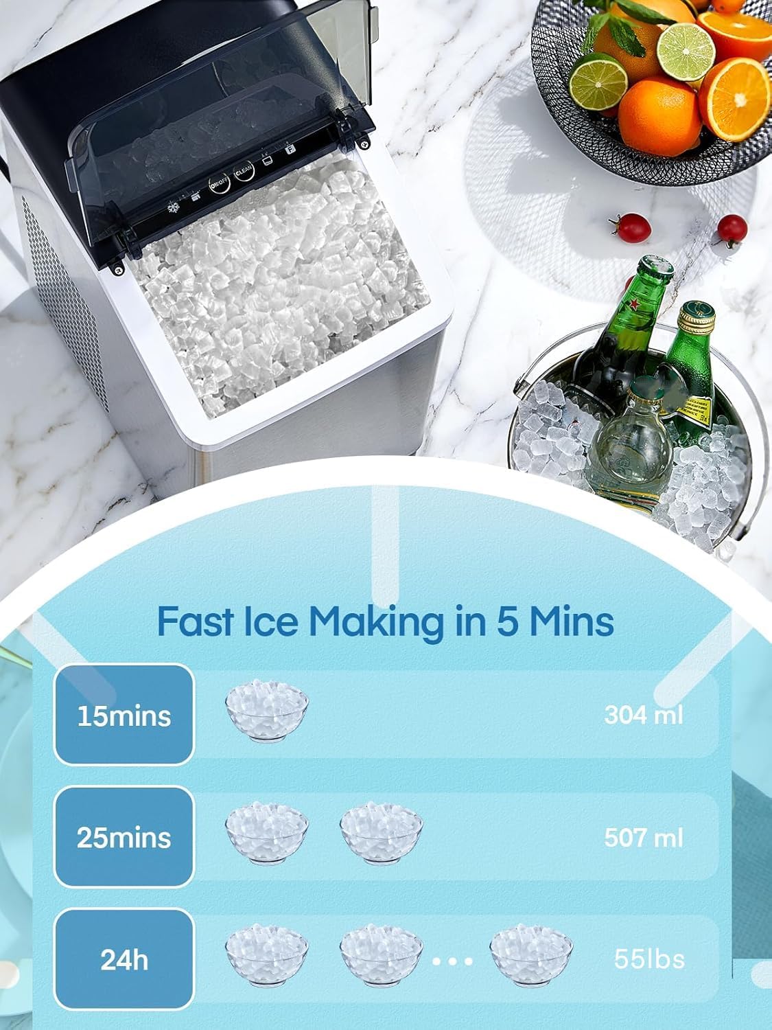 Nugget Ice Maker Countertop, 55lbs/24H Tooth-Friendly Soft Chewable Pebble Ice Machine, Self-Cleaning with Drainpipe, Crushed Pellet Ice Makers for Home Kitchen Party, Stainless Steel