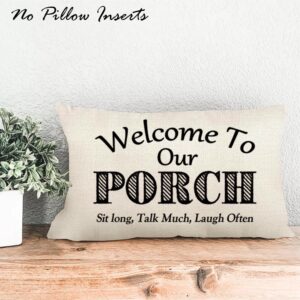 JOJOGOGO Welcome to Our Porch Outdoor Lumbar Pillow Covers Waterproof 12x20 Set of 2, Decorative Outdoor Lumbar Pillows 12 x 20, Front Porch Decor Patio Furniture Pillows (This is Our Happy Place)