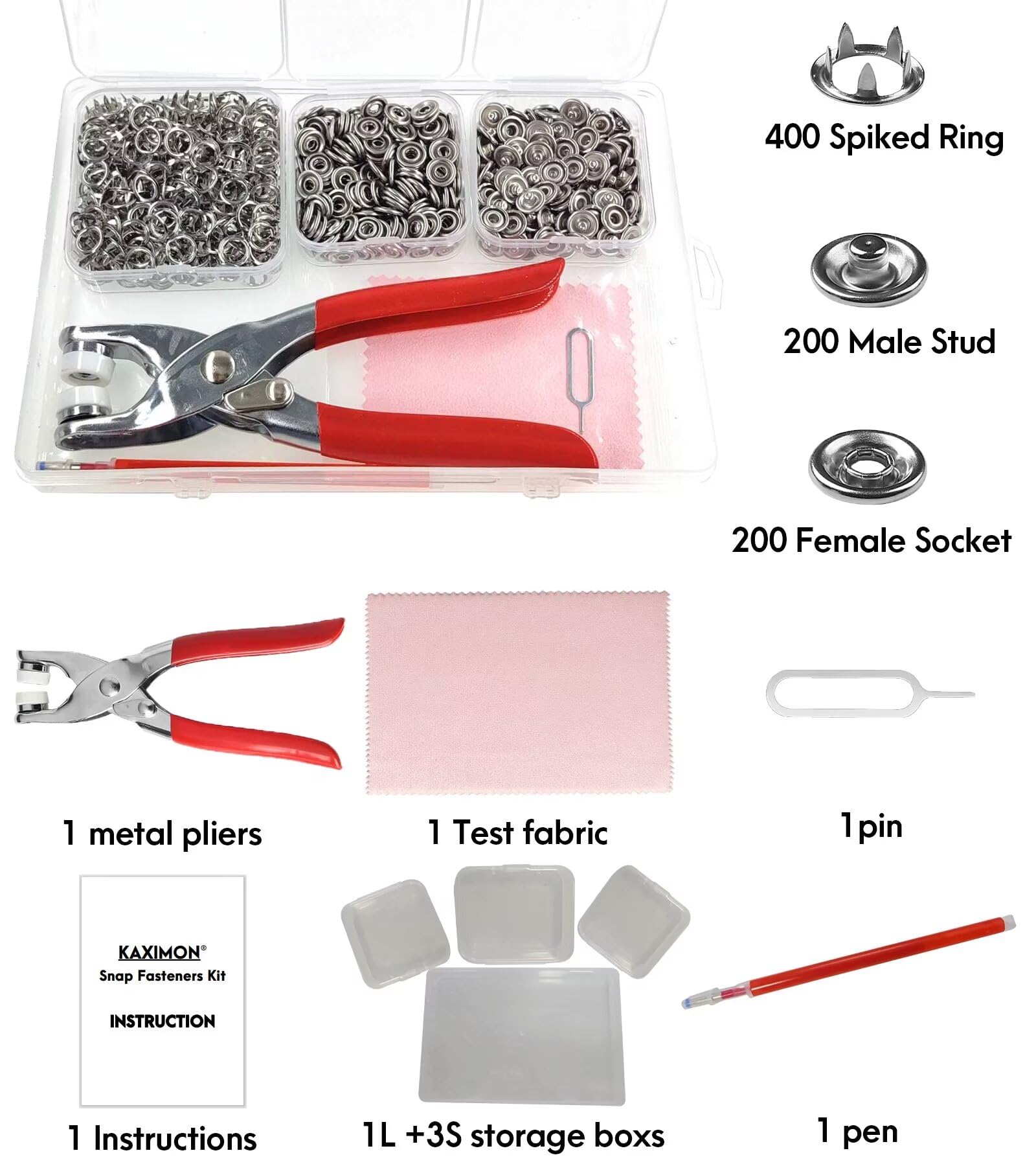 KAXIMON Snap Fasteners Kit 200 Sets, 9.5mm Fabric Snaps Clothing Snaps No Sewing,Stainless Steel Button Snaps with Snap Pliers for Metal Snaps, Press Studs Snap Fasteners Tool Kit for Fabric