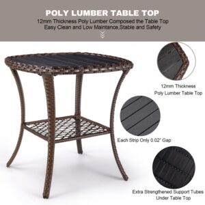 Outdoor Side Table Patio Wicker Coffee Table Outdoor End Table Rattan Bistro Table with Storage & Poly Lumber Table Top Square for Outside Balcony Porch Backyard Deck Brown