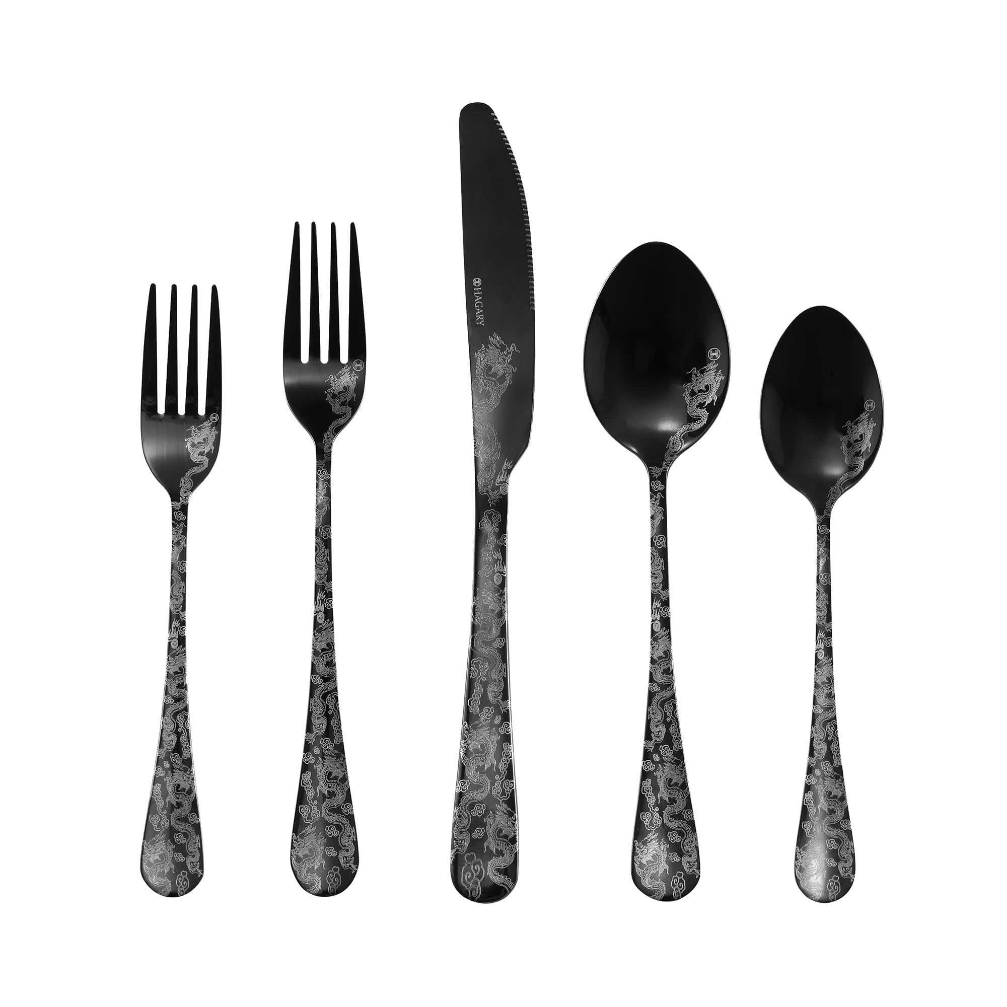 Hagary Dragon Cutlery Set 20 Pieces Stainless Steel Flatware Set Service for 4 Utensils For Home Kitchen Wedding Laser Engraved Dishwasher Safe Black