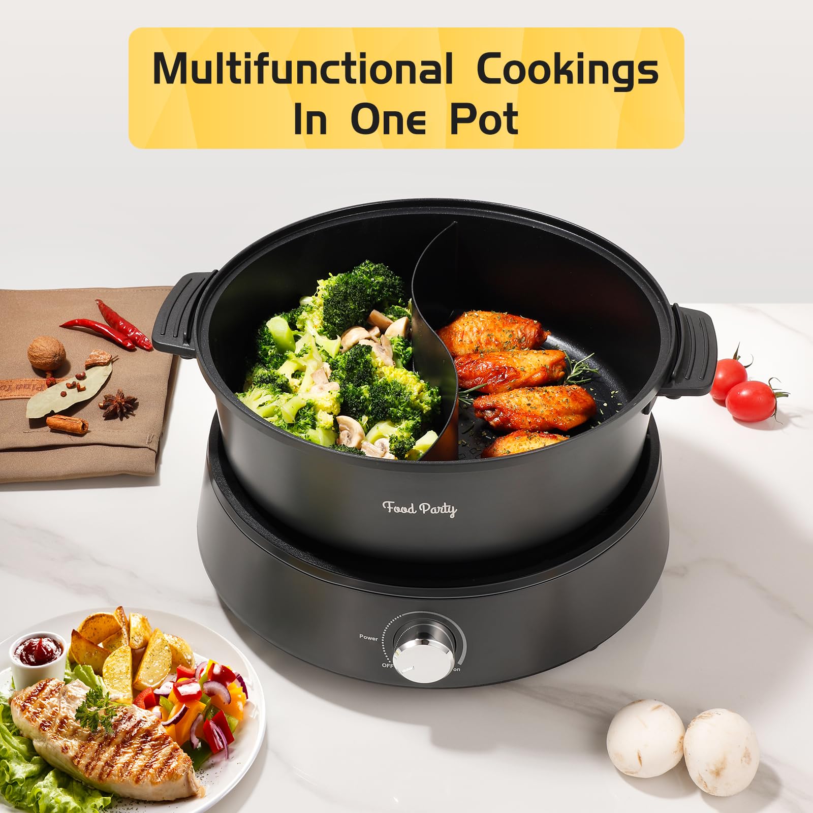 Food Party Hot Pot Electric Upgraded Separable Shabu Shabu Pot with Divider Hotpot Pot Electric Cooker Dual Sided 110V 1350W Non-Stick 5L Fondue Pot for 2-6 People