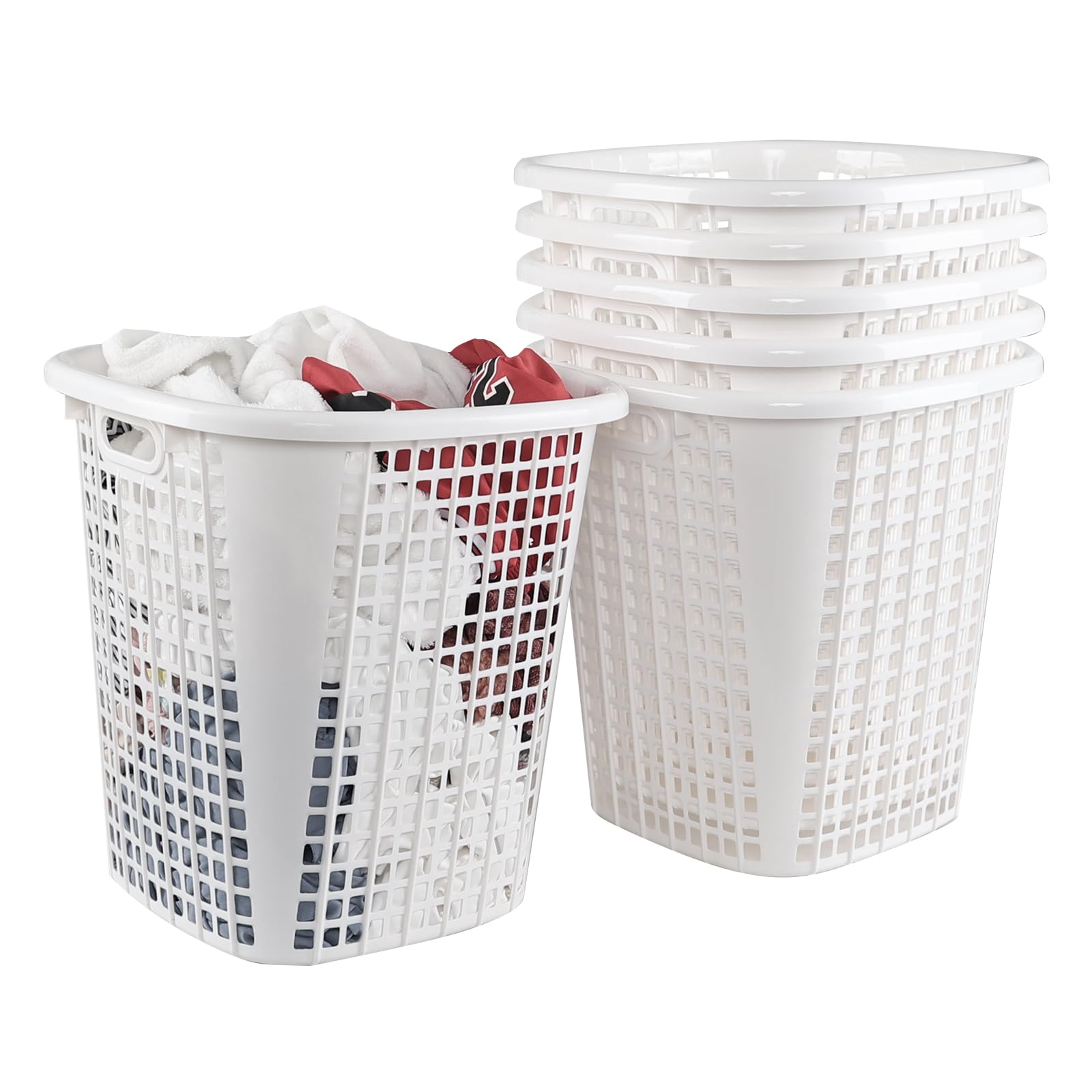 Lasbily 6 Packs 50 L Plastic Laundry Hamper, Tall Dirty Clothes Basket with Cut Out Handle, White