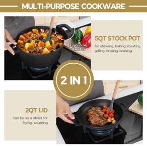 TeamFar 5QT Dutch Oven Pot With Lid, 2-in-1 Pre-seasoned Cast Iron Dutch Oven Stock Pot with Lid for Bread Baking, Healthy & Fit Various Heat Sources