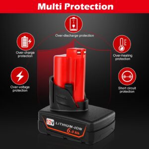 KINGTIANLE 6000mAh Battery for Milwaukee 48-11-2440: 12V 6.0Ah RED Lithium XC CP Output Li-ion Replacement 48-11-2401 48-11-2411 48-11-2425 48-11-2450 Cordless Drill Batteries