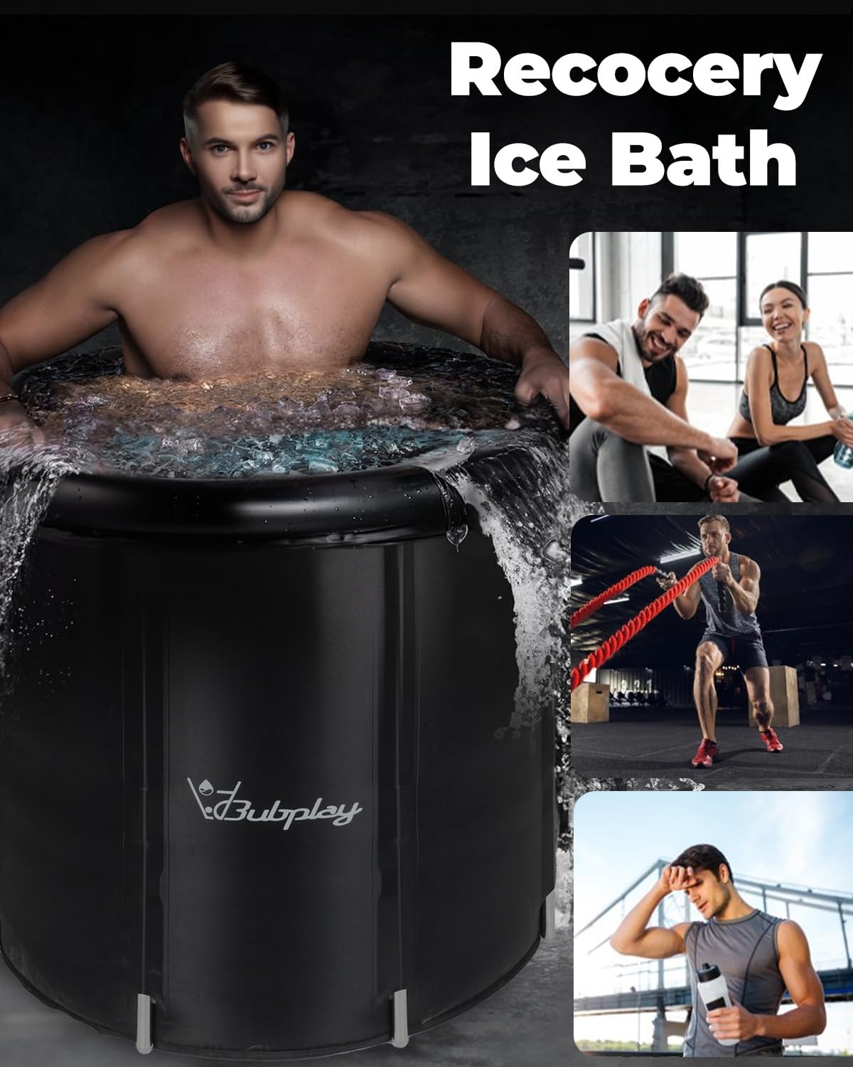 XL Ice Bath Tub for Athletes & Adults - 105 Gallons Ice Tub, Cold Plunge Tub with Cover, Ice Plunge Tub for Recovery & Cold Water Therapy, Inflatable Ice Bath Barrel for Indoor Outdoor- Black