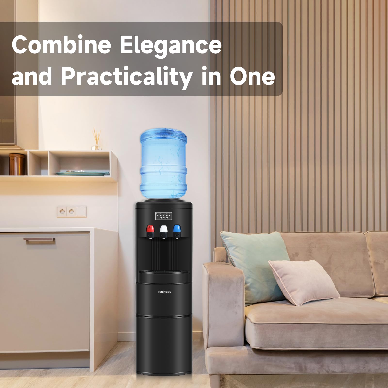 ICEPURE Water Dispenser with Ice Maker, 3-in-1 Hot and Cold Water Cooler with Built-in Bullet Ice Maker Machine, 26.5lbs/24H, Top Loading for 3-5 Gallon Bottle, Child Safety Lock, Black