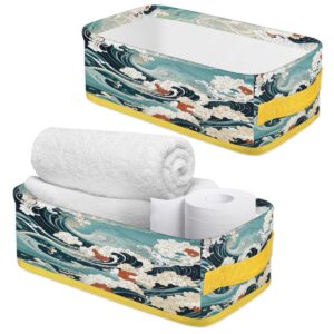 Traditional Japanese Waves Narrow Foldable Bathroom Storage Basket Bins, Toilet Tank Paper Basket Box with Handles, Fabric Containers Organizing for Vanities Cabinets Towels