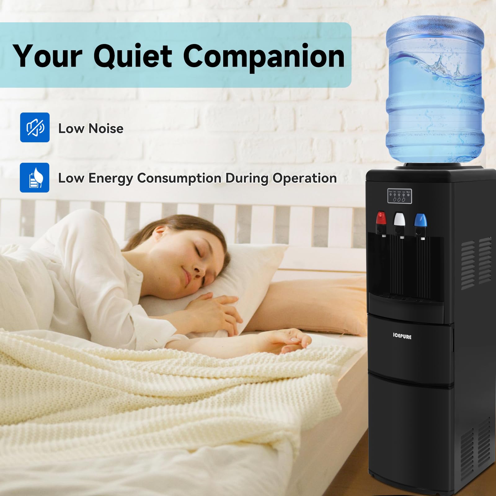 ICEPURE Water Dispenser with Ice Maker, 3-in-1 Hot and Cold Water Cooler with Built-in Bullet Ice Maker Machine, 26.5lbs/24H, Top Loading for 3-5 Gallon Bottle, Child Safety Lock, Black