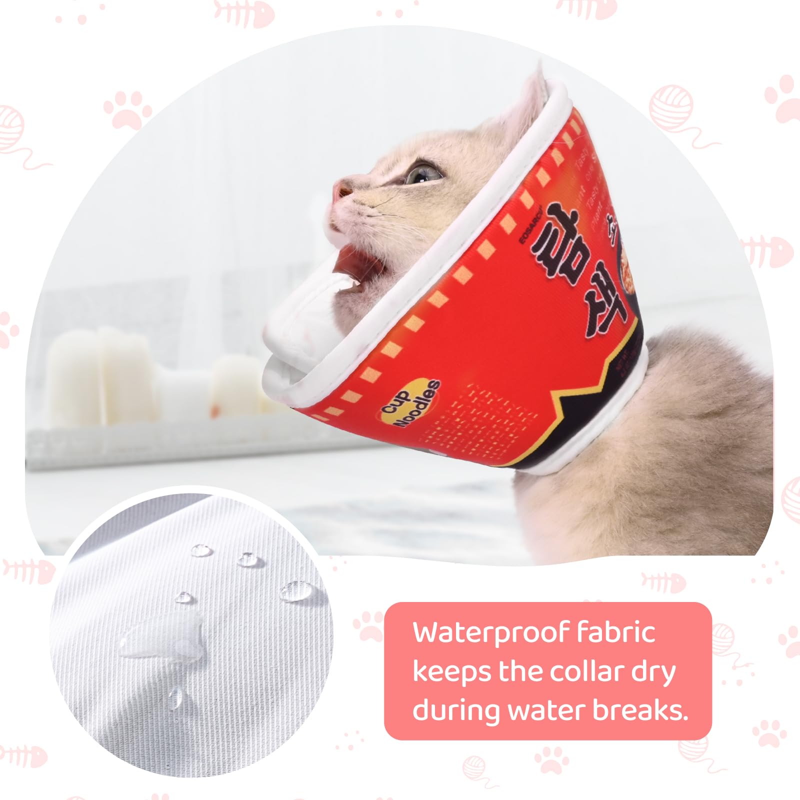 Eosarcu Cat Cone Collar Soft, Widen Cat Collar to Stop Licking, E Collar for Cats, with Strong Velcro & Waterproof Fabric, Ramen Style (M)