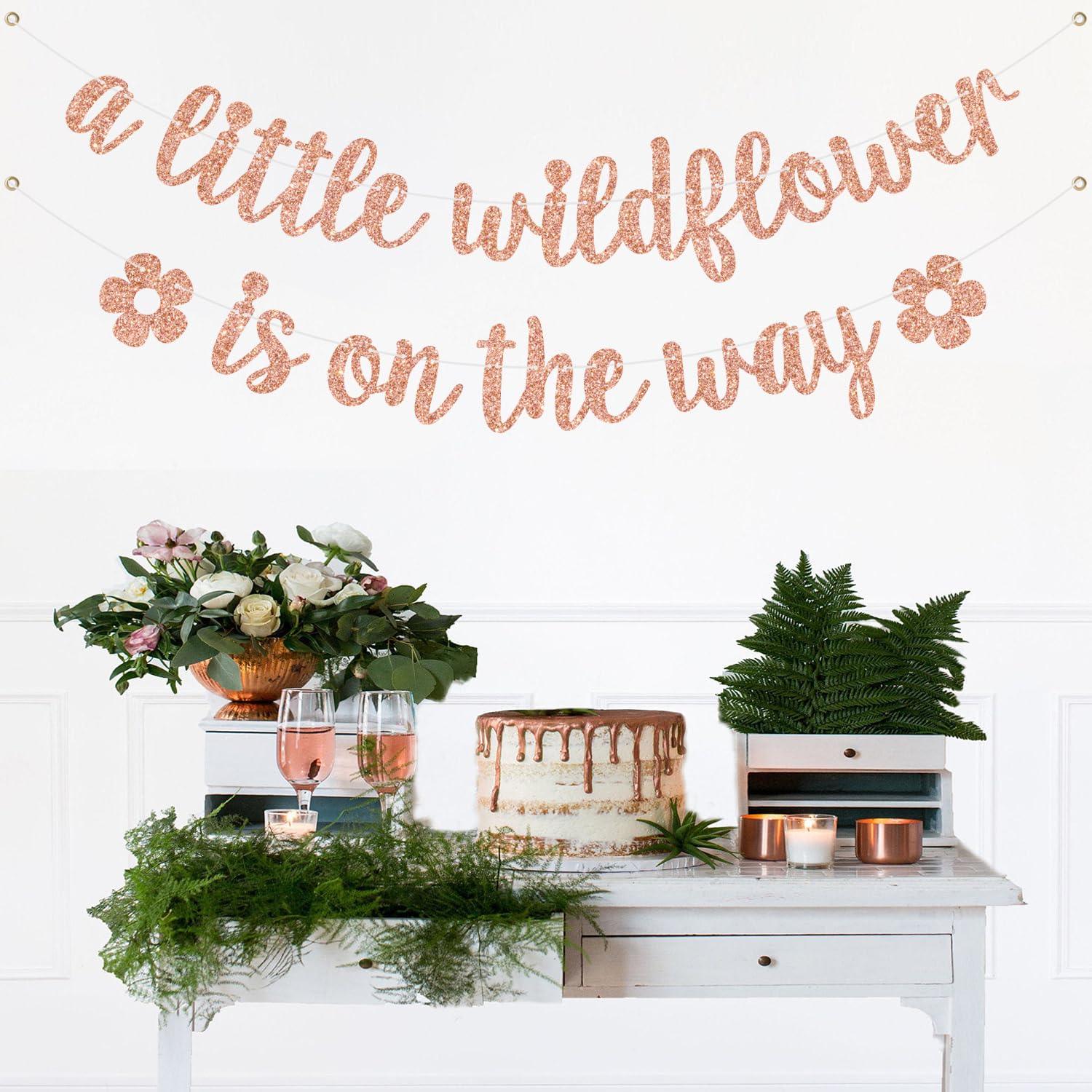 A Little Wildflower is on the Way Banner, Flower Baby Shower Decorations, Floral Theme Gender Reveal Baby Shower Party Decorations, Rose Gold Glitter