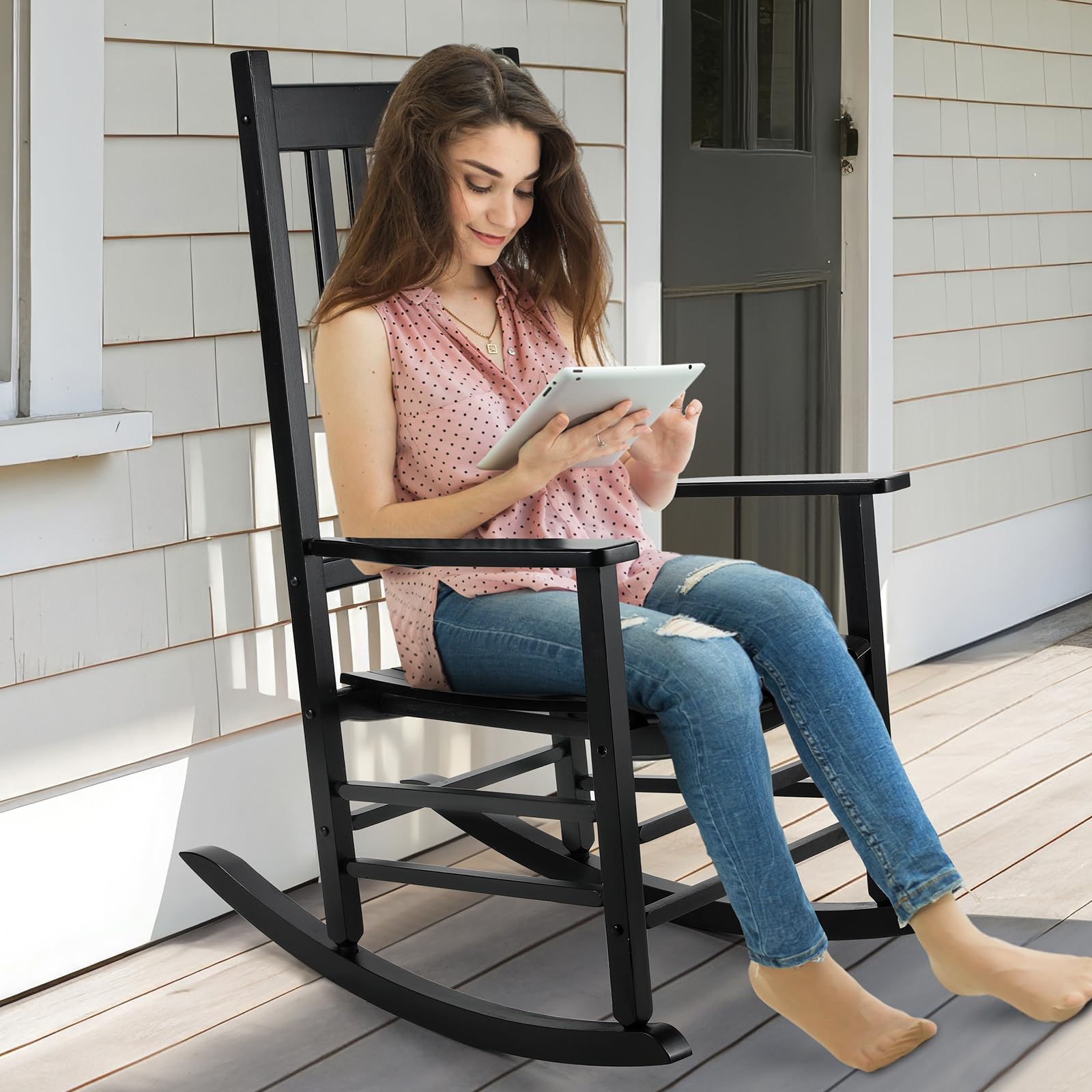 TLGREEN Outdoor Rocking Chair, Solid Wood Oversized Rocking Chair Outdoor with Wide Seat，All Weather Porch Patio Wooden Rocking Chair, Easy to Assemble for Indoor,Outdoor （Black）