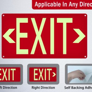 (2 Pack) Photoluminescent Exit Sign Red - with Removable Directional Arrows, With strong self adhesive tape, 14.25 x 7.5 Inches Heavy Duty Aluminum Signs, Fade Resistant