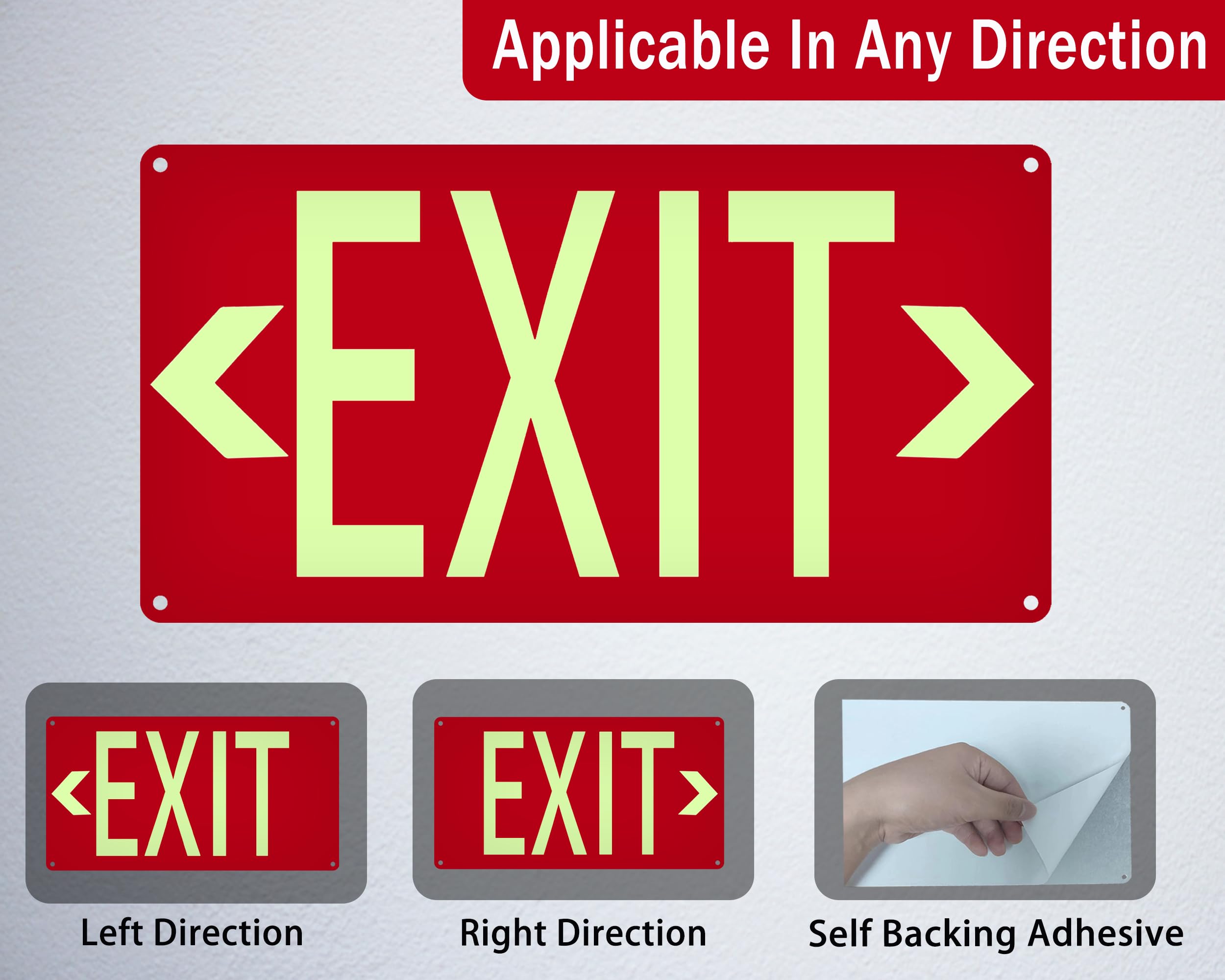 (2 Pack) Photoluminescent Exit Sign Red - with Removable Directional Arrows, With strong self adhesive tape, 14.25 x 7.5 Inches Heavy Duty Aluminum Signs, Fade Resistant