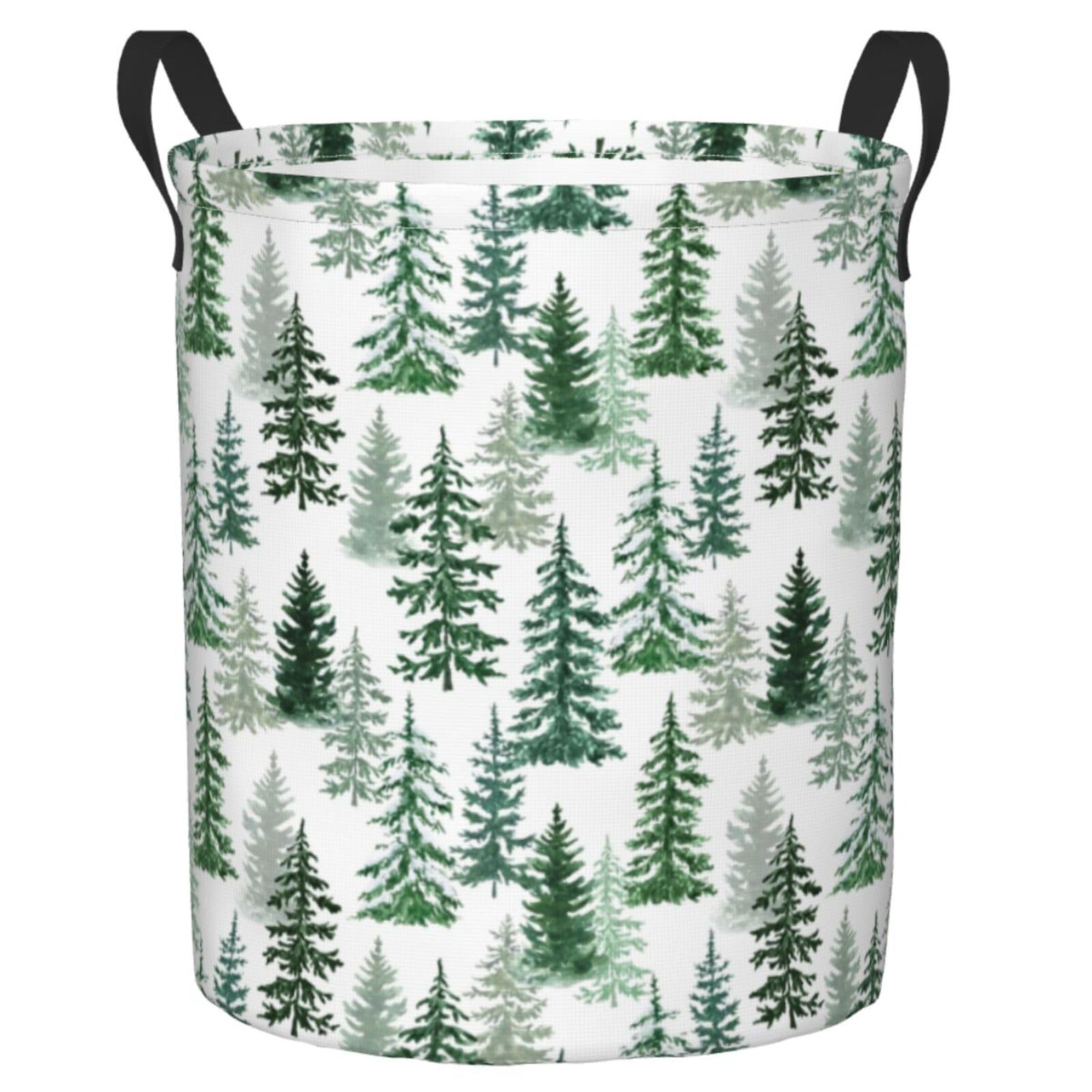 Delerain Pine and Spruce Trees Laundry Basket, Waterproof Laundry Hamper with Handles, Collapsible Toy Bins Dirty Clothes Round Storage Basket for Home Bathroom Office Nursery, 19.6X15.7(M)