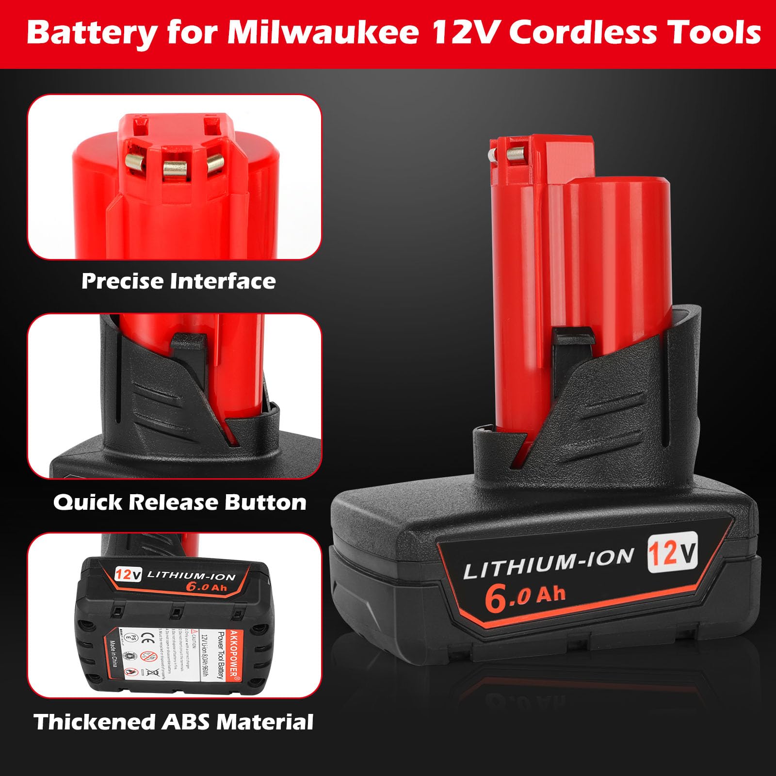 KINGTIANLE 6000mAh Battery for Milwaukee 48-11-2440: 12V 6.0Ah RED Lithium XC CP Output Li-ion Replacement 48-11-2401 48-11-2411 48-11-2425 48-11-2450 Cordless Drill Batteries