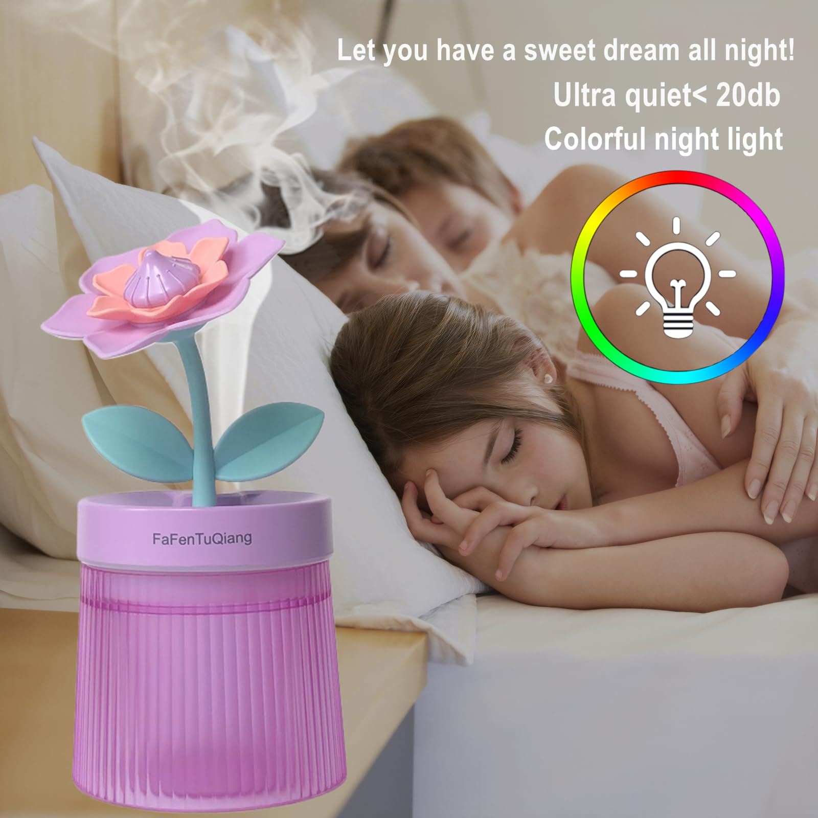 Desk Mini Humidifier,Personal Small Humidifier Diffuser 260ml Portable,Cute,Flower,Quiet,Cool Mist, Auto Off,Colorful Light,Top Fill Air Humidifier for Plants Bedroom Baby Room Office Travel Home